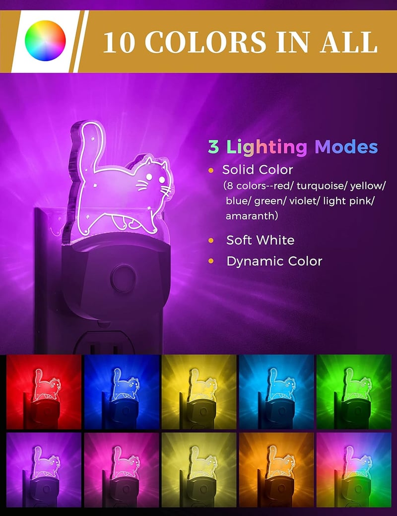 Kids' Cat Night Lights (2 Pack) with 8-Color RGB & Dusk-to-Dawn Sensor