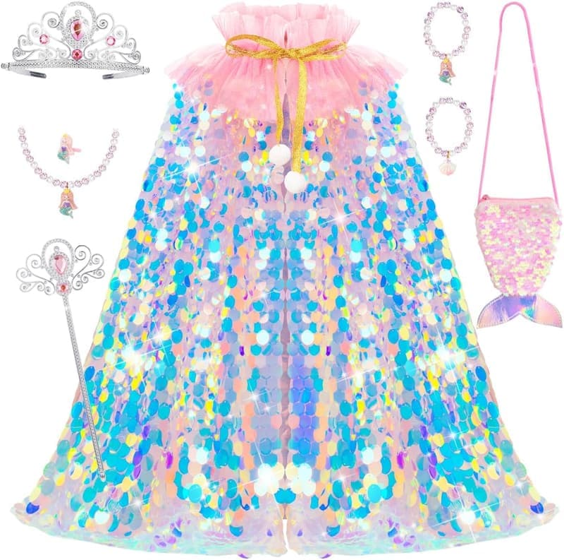 Mermaid Cape Dress-Up Set for Girls Age 3-8 – Birthday Gift