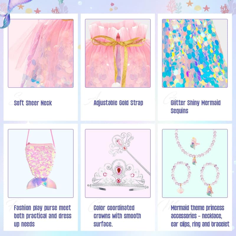 Mermaid Cape Dress-Up Set for Girls Age 3-8 – Birthday Gift