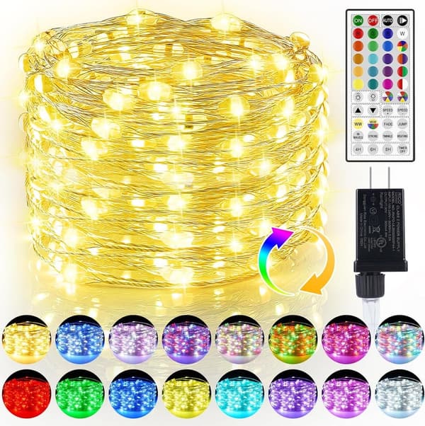 Dimmable 50ft RGB & Warm White Fairy Lights with Remote
