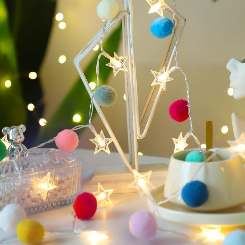 20 LED Warm White Pom Pom Fairy Lights - 6.56 Feet, Battery Operated