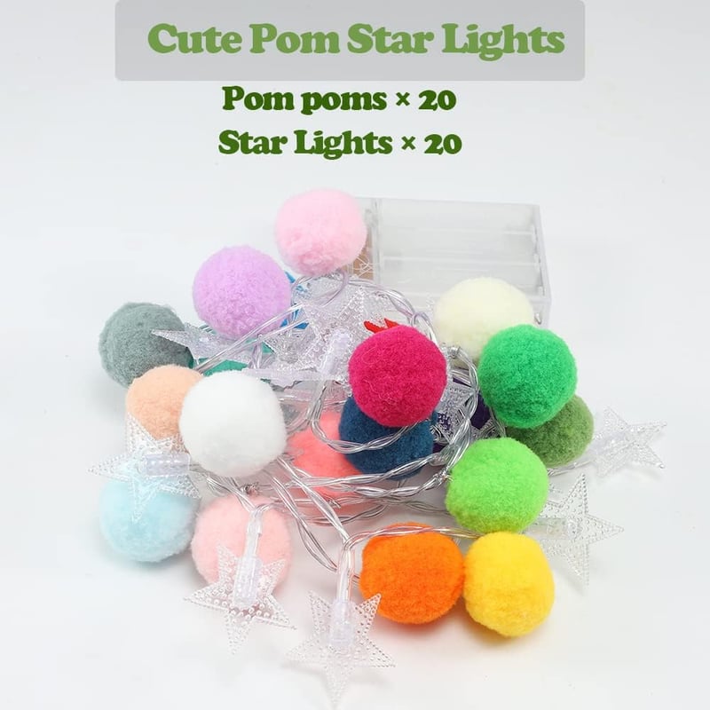 20 LED Warm White Pom Pom Fairy Lights - 6.56 Feet, Battery Operated