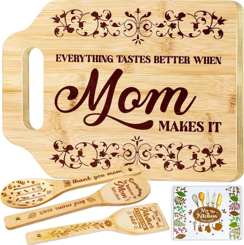 Mother's Day Cutting Board with Engraved Utensil Set for Mom