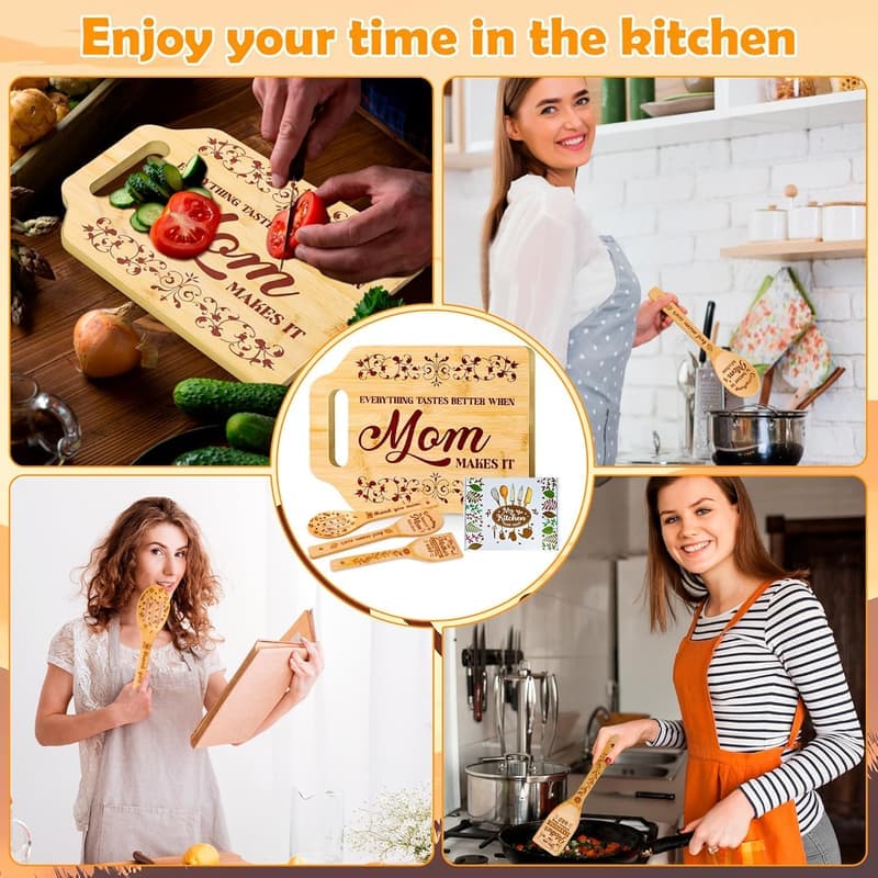 Mother's Day Cutting Board with Engraved Utensil Set for Mom