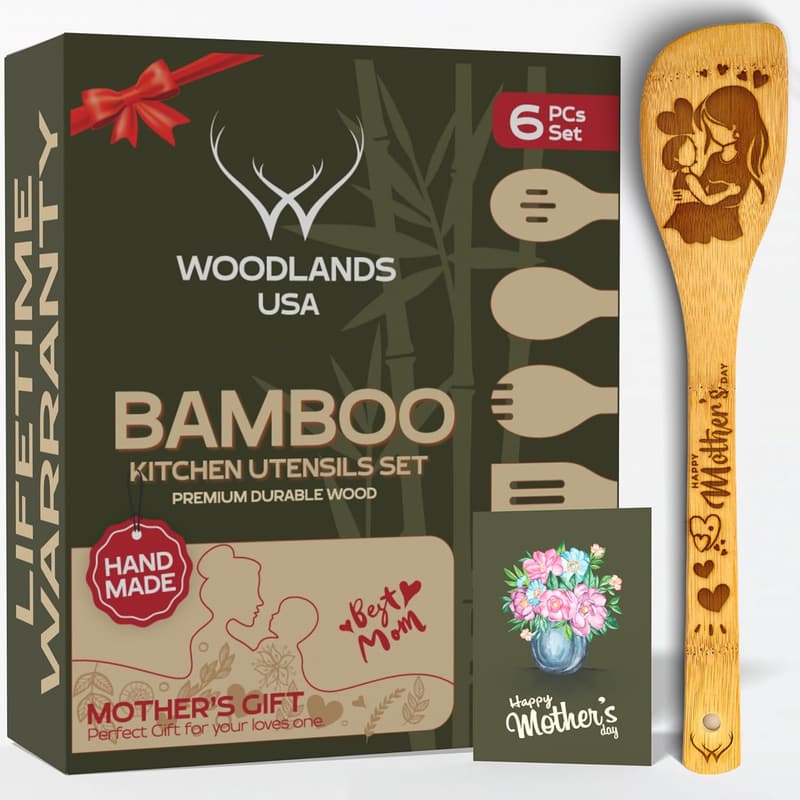 Mother's Day Premium Bamboo Cooking Spoon Set – 6 Pieces