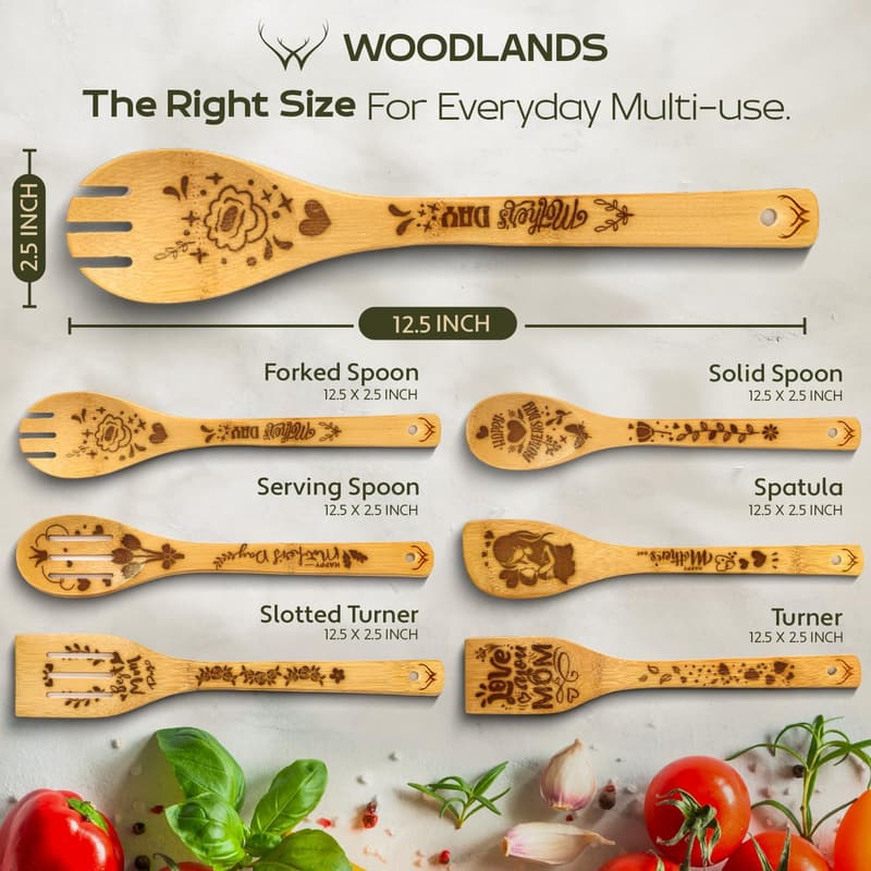 Mother's Day Premium Bamboo Cooking Spoon Set – 6 Pieces