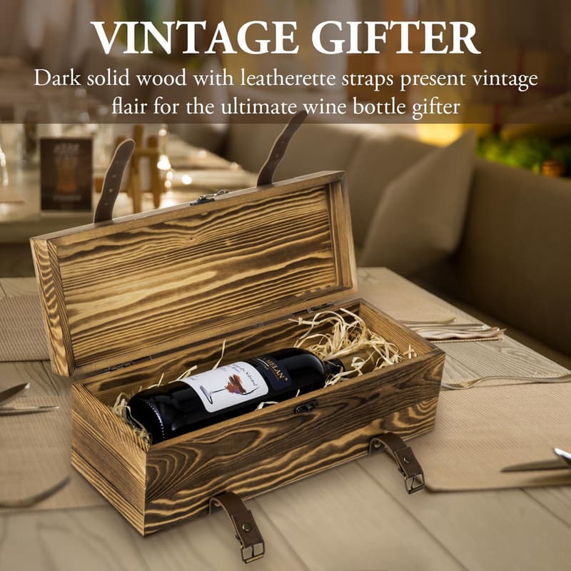 Rustic Brown Wine Gift Box with Locking Latch – Wedding Single Bottle Holder