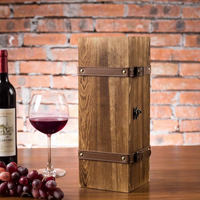 Rustic Brown Wine Gift Box with Locking Latch – Wedding Single Bottle Holder