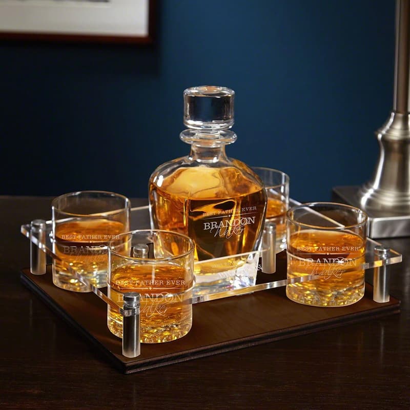 Engraved Bourbon Decanter Set with Glasses and Tray