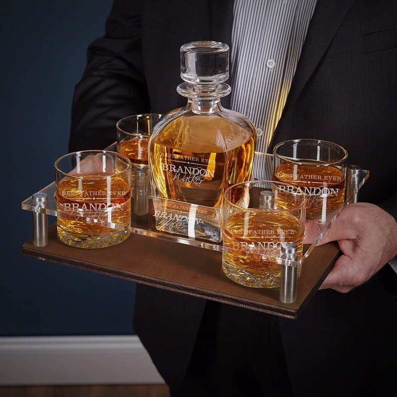 Engraved Bourbon Decanter Set with Glasses and Tray