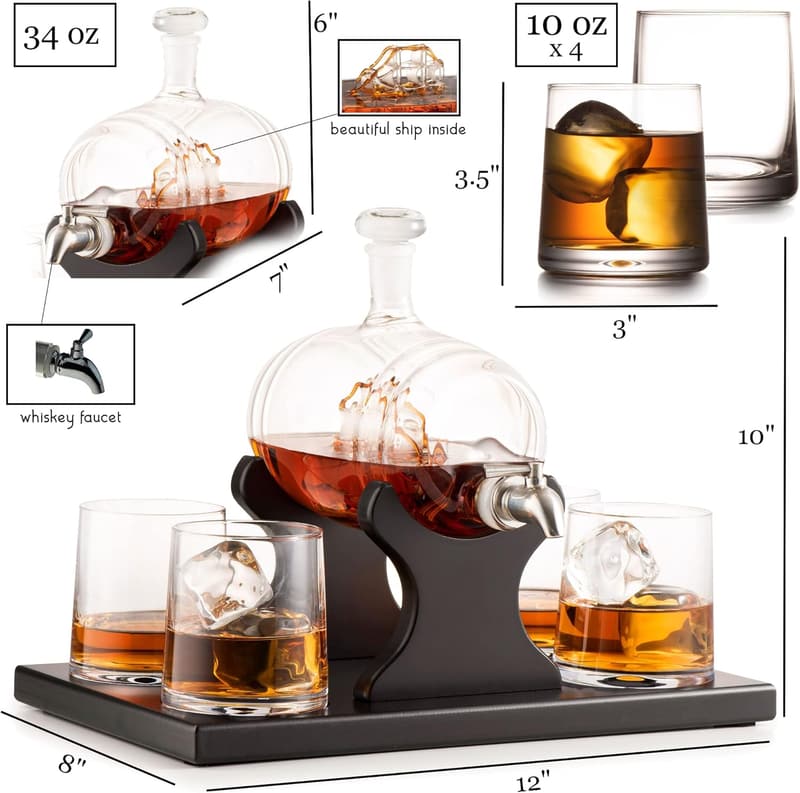 Whiskey Decanter Barrel Set with 4 Glasses - 1000ml