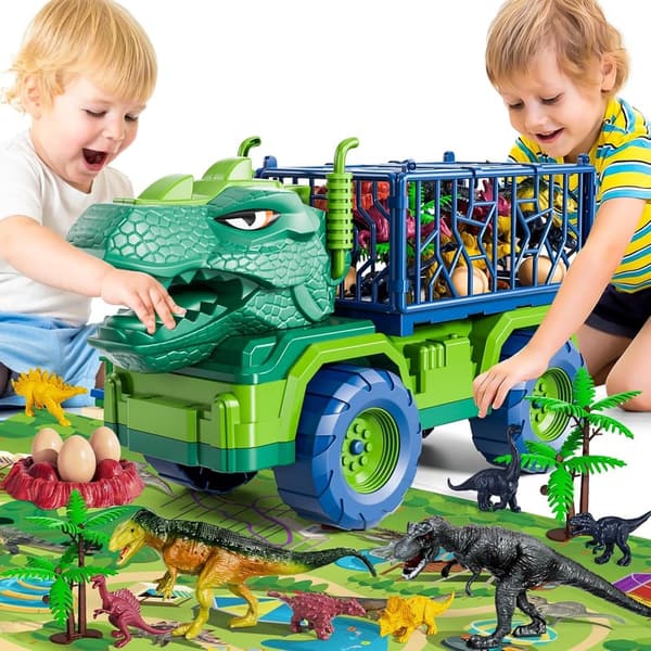 Dinosaur Truck Toy Set with 8 Figures & Play Mat for Kids