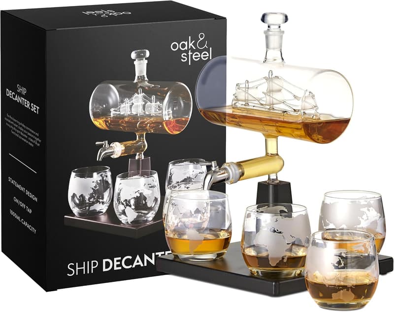 Whiskey Decanter Set with 4 Glasses - 35oz Oak & Steel