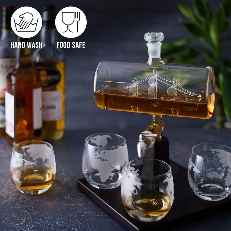 Whiskey Decanter Set with 4 Glasses - 35oz Oak & Steel