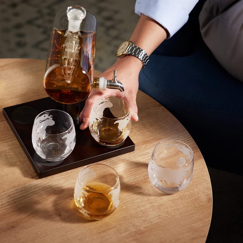 Whiskey Decanter Set with 4 Glasses - 35oz Oak & Steel