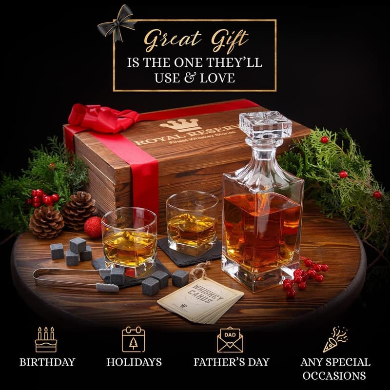Whiskey Decanter Gift Set with Glasses and Chilling Stones