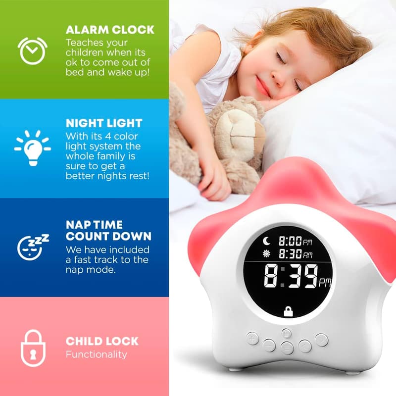 Toddler Sleep Trainer Clock with Night Light & Alarm