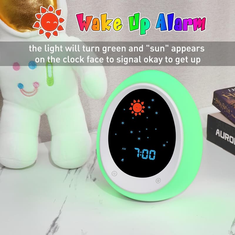 Sleep Training Kids Alarm Clock with Sun & Moon, Green/Red Light