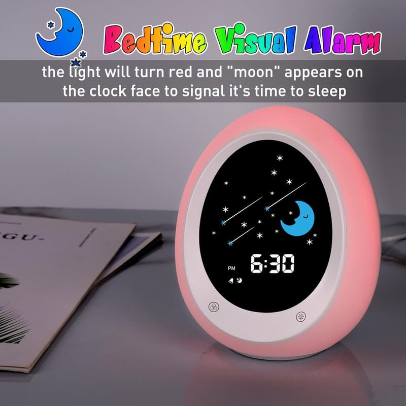 Sleep Training Kids Alarm Clock with Sun & Moon, Green/Red Light
