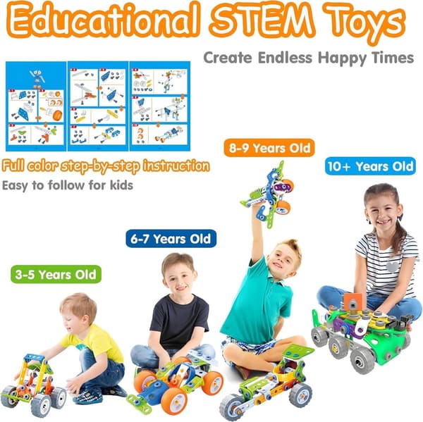 STEM Building Toy Set for Kids Ages 4-8 - 175 Pcs Erector Gift