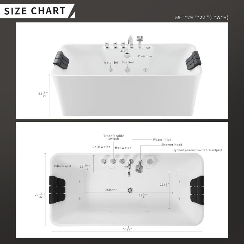 59-Inch White Freestanding Whirlpool Bathtub with 8 Jets