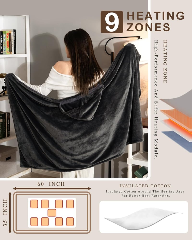 Cozy Cordless Heated Blanket with Hoodie, 3 Temp Settings