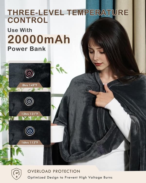 Cozy Cordless Heated Blanket with Hoodie, 3 Temp Settings