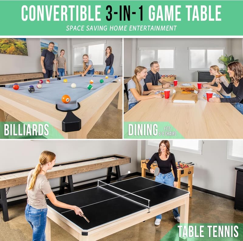 7 ft 3-in-1 Convertible Game Table with Billiards & Tennis