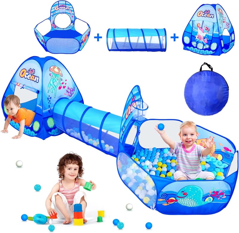 Kids Play Tent with Tunnel, Ball Pit & Basketball Hoop for Toddlers