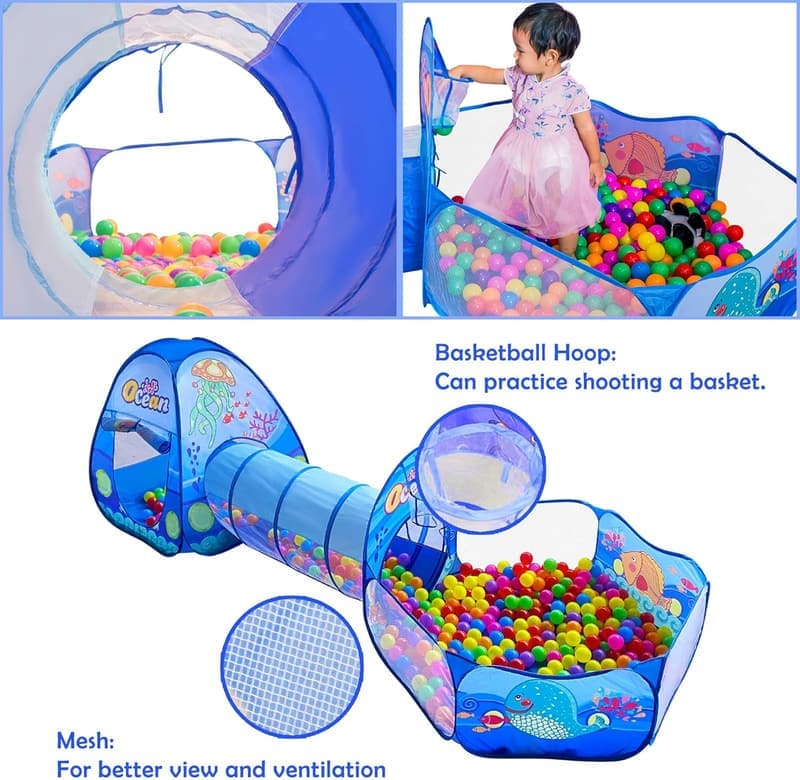 Kids Play Tent with Tunnel, Ball Pit & Basketball Hoop for Toddlers