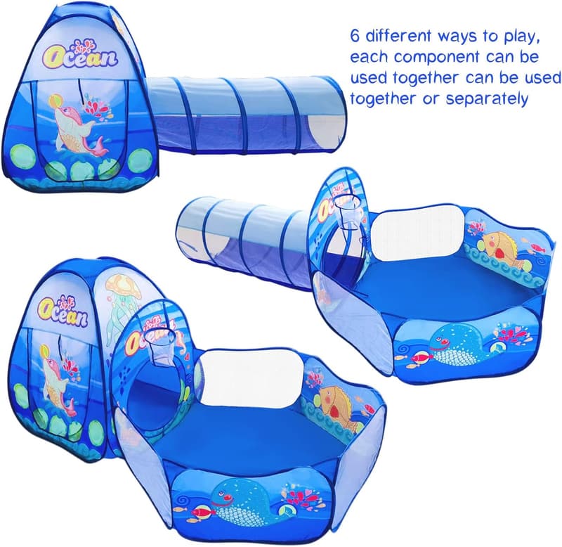 Kids Play Tent with Tunnel, Ball Pit & Basketball Hoop for Toddlers