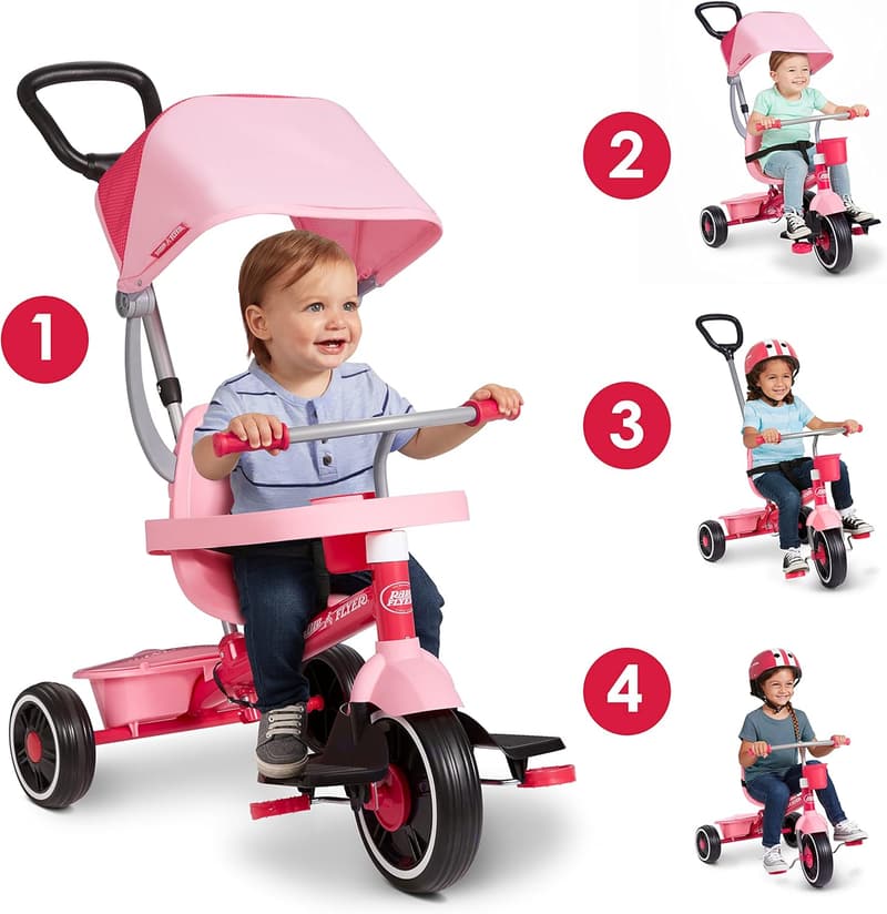 4-in-1 Pink Toddler Tricycle for Ages 1-5