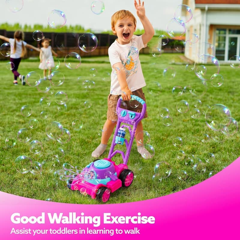 Pink Bubble Lawn Mower Toy - Outdoor Preschool Gift for Toddlers