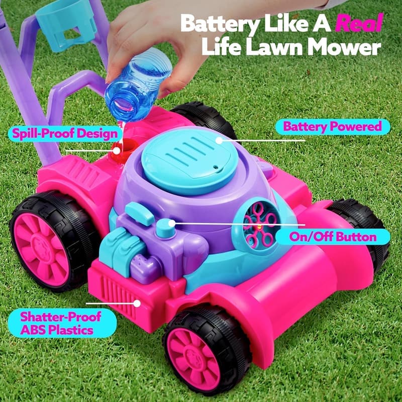 Pink Bubble Lawn Mower Toy - Outdoor Preschool Gift for Toddlers