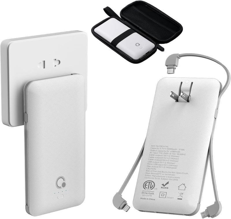 10000mAh Slim Portable Power Bank with AC Plug & Cables