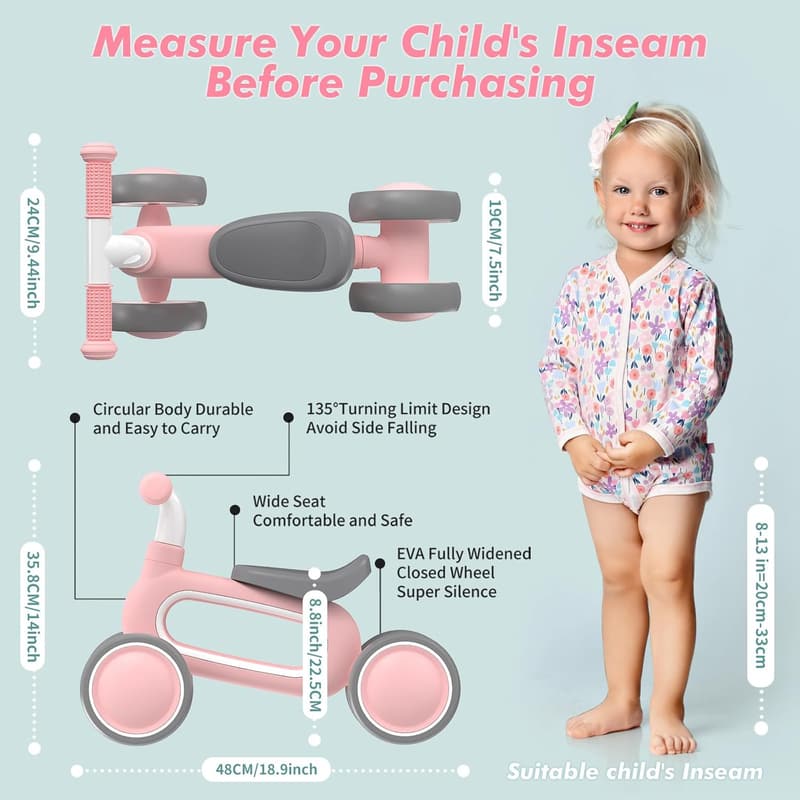 1st Birthday Gift: Baby Balance Bike for 1-Year-Old Girls - Pink