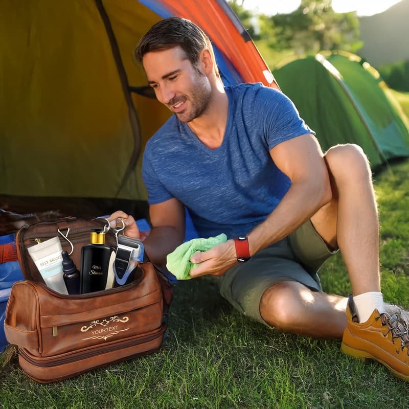 Waterproof Personalized Leather Toiletry Bag for Dad