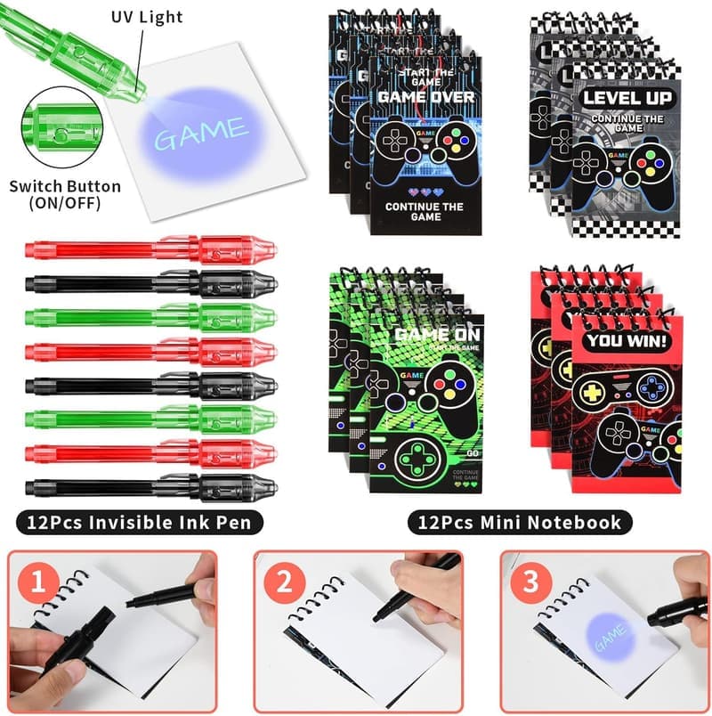 Gamer Birthday Party Favors - Invisible Ink Pens, Notebooks & More