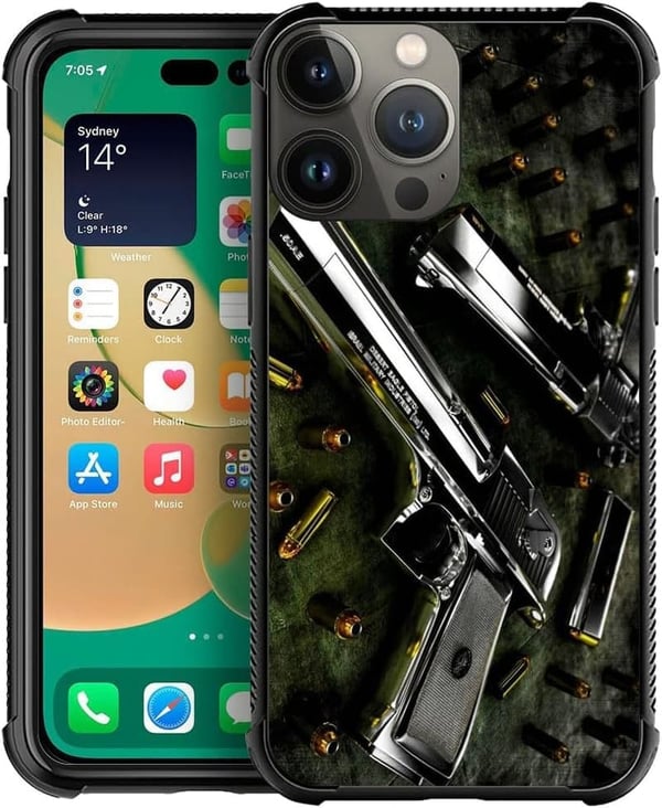 iPhone 15 Case with Gun and Bullet Pattern, Shockproof Design