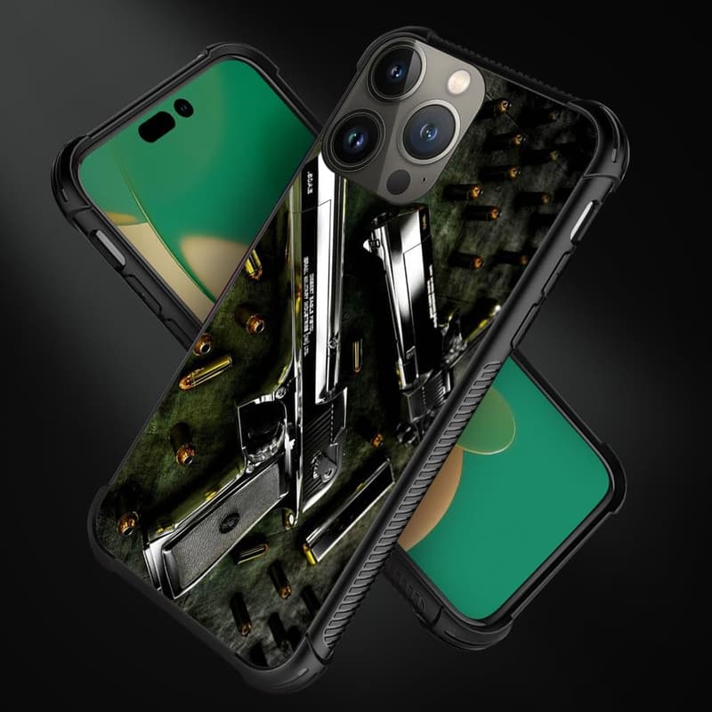 iPhone 15 Case with Gun and Bullet Pattern, Shockproof Design