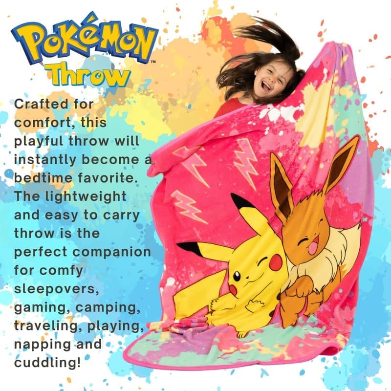 Pikachu and Eevee Kids Bedding Throw - Soft Micro Raschel, 46x60 in