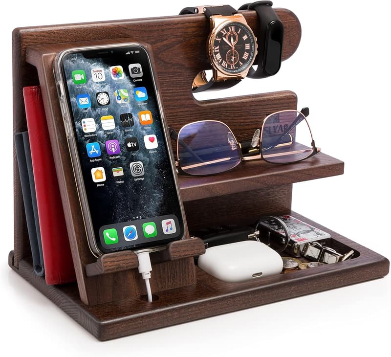 Wood Phone Docking Station Organizer for Men - Birthday Gift