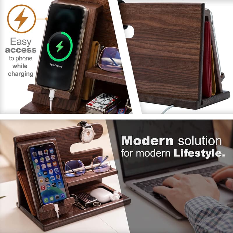 Wood Phone Docking Station Organizer for Men - Birthday Gift