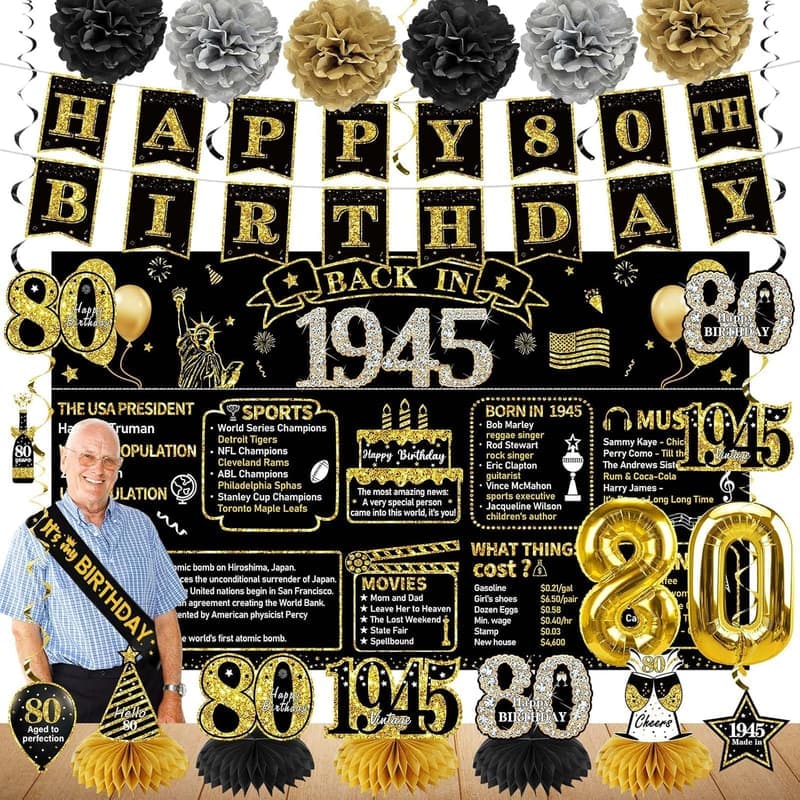 80th Birthday Party Supplies: Vintage Black Gold Decorations