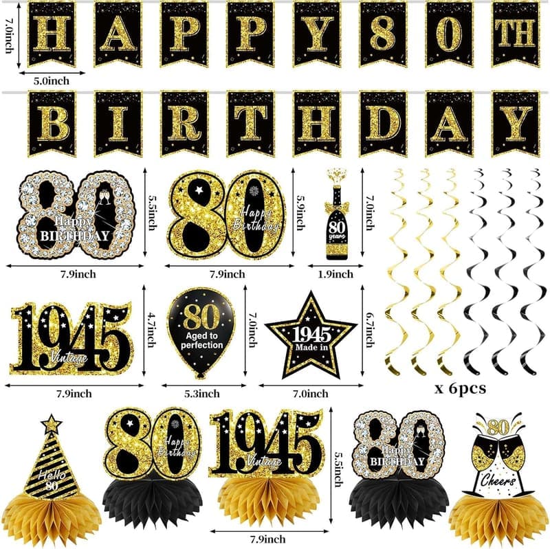 80th Birthday Party Supplies: Vintage Black Gold Decorations