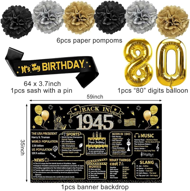 80th Birthday Party Supplies: Vintage Black Gold Decorations