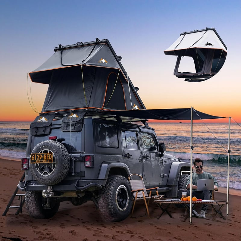 Hard Shell Rooftop Tent with USB Outlet & Side Awning for Camping
