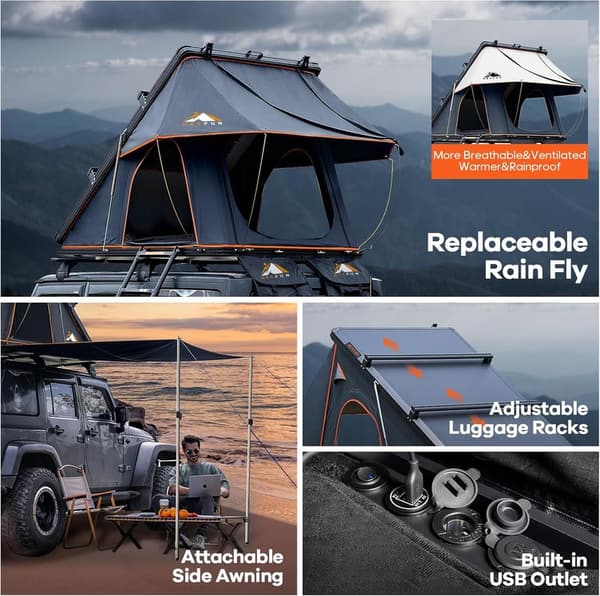 Hard Shell Rooftop Tent with USB Outlet & Side Awning for Camping