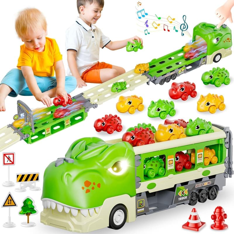 Dinosaur Truck Toy Set with Foldable Track & Accessories, Birthday Gift for Kids