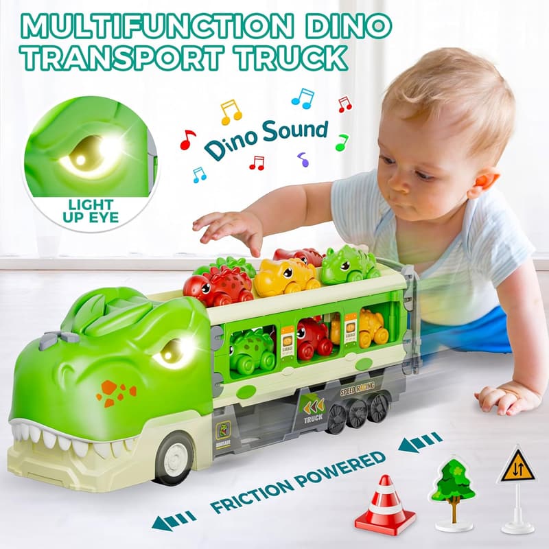 Dinosaur Truck Toy Set with Foldable Track & Accessories, Birthday Gift for Kids